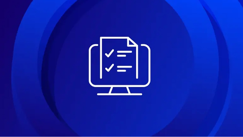 Icon of a computer monitor displaying a checklist with two checkmarks, on a blue circular background